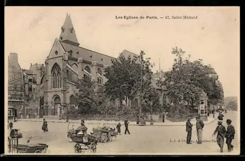 AK Paris, Église Saint-Médard et scène de rue animée