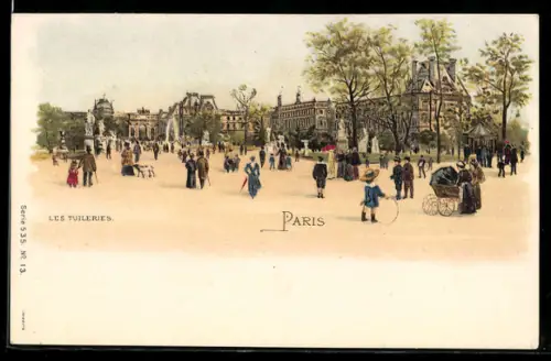 Lithographie Paris, Les Tuileries avec promeneurs et bâtiments historiques