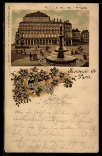 Lithographie Paris, Place & Théâtre Francais avec fontaine et fleurs décoratives