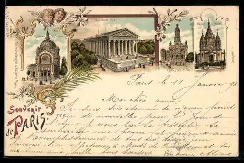 Lithographie Paris, Souvenir avec La Madeleine, église et tour, ornée de motifs floraux et anges