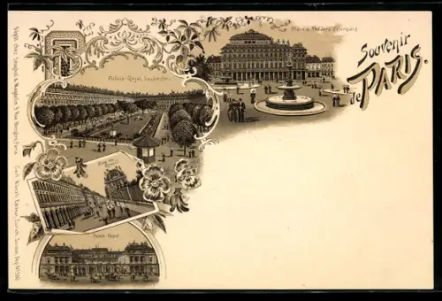 Lithographie Paris, Souvenir avec Palais Royal et Théâtre Francais
