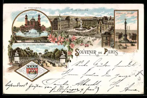 Lithographie Paris, Le Trocadéro, le Louvre, les Champs-Élysées et la Colonne de Juillet