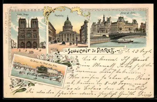 Lithographie Paris, Notre-Dame, Panthéon, Hôtel de Ville et la Seine au Pont des Arts