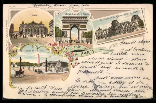 Lithographie Paris, Souvenir avec Opéra, Arc de Triomphe, Louvre et Place de la Concorde