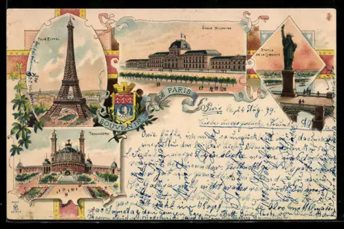 Lithographie Paris, La Tour Eiffel, École Militaire et Statue de la Liberté