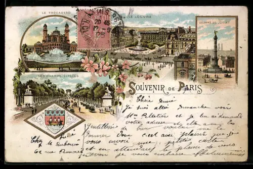 Lithographie Paris, Le Trocadéro, Le Louvre et Colonne de Juillet