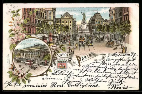 Lithographie Paris, Place de la République et Place de la Bourse avec tramways et animation urbaine