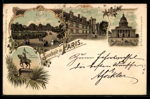 Lithographie Paris, Le Luxembourg, Musée de Cluny et le Panthéon