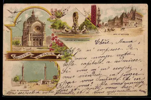 Lithographie Paris, Église Saint-Augustin, Fontaine de l`Observatoire, Arts et Métiers, Cours de Vincennes