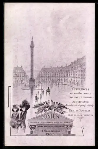 AK Paris, Vue de la Place Vendôme et la colonne Vendôme avec publicité pour L`Union assurances