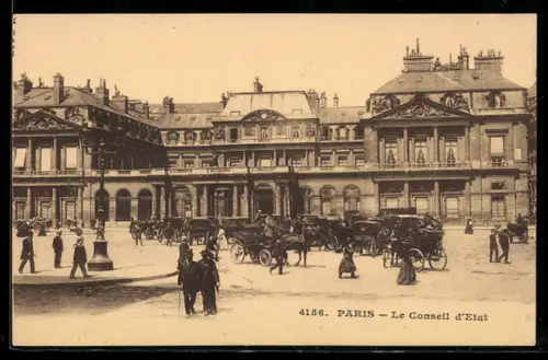AK Paris, Le Conseil d`État et la place animée avec fiacres et passants