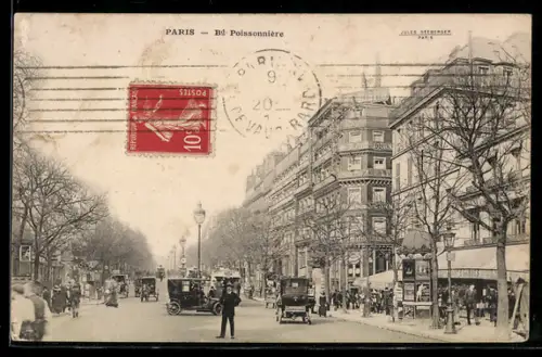 AK Paris, Boulevard Poissonnière avec voitures et passants animés