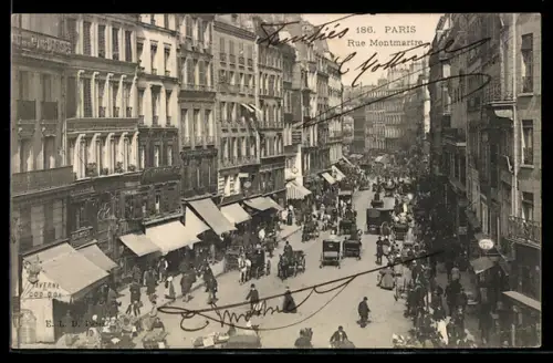 AK Paris, Rue Montmartre animée avec passants et calèches