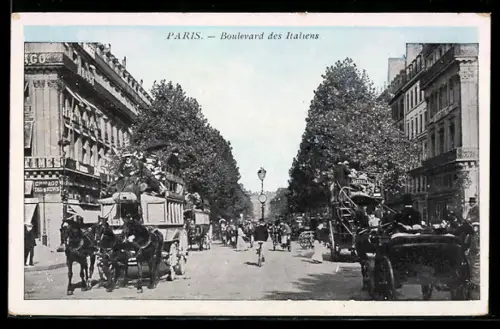 AK Paris, Boulevard des Italiens avec voitures à cheval et passants animés