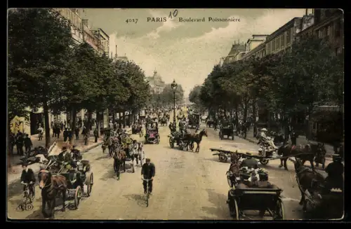 AK Paris, Boulevard Poissonnière animé avec voitures à cheval et passants