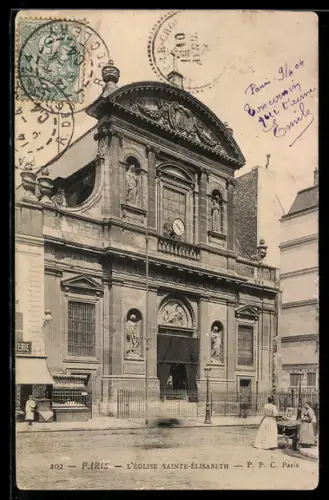 AK Paris, L`église Sainte-Élisabeth avec passants en tenue d`époque