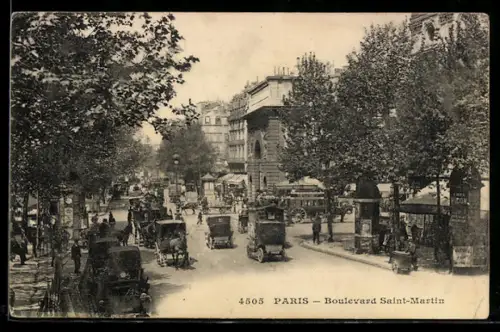 AK Paris, Boulevard Saint-Martin animé avec voitures et passants