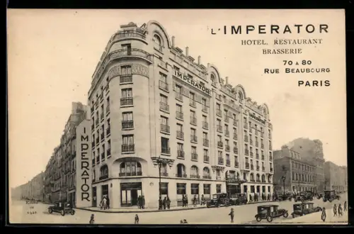 AK Paris, Hôtel L`Imperator à l`angle de la Rue Beaubourg avec voitures anciennes