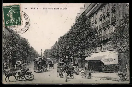 AK Paris, Boulevard Saint-Martin animé avec voitures à cheval et passants