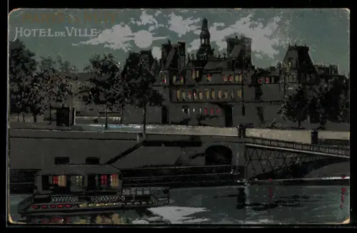 AK Paris, Hôtel de Ville illuminé la nuit avec une péniche sur la Seine