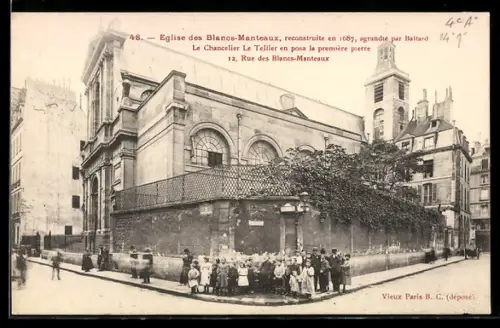 AK Paris, Église des Blancs-Manteaux, reconstruite en 1687, vue de la rue des Blancs-Manteaux