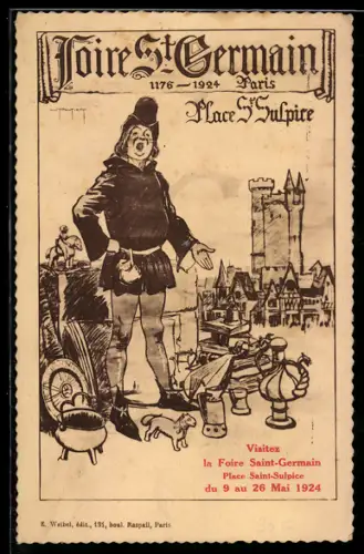 AK Paris, Foire St-Germain 1776-1924, Place St-Sulpice avec personnage médiéval et objets de foire