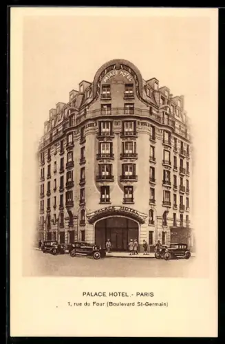 AK Paris, Palace Hôtel, 1 rue du Four, Boulevard St-Germain, avec voitures devant l`entrée