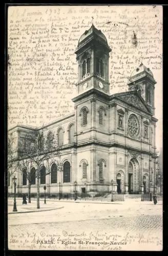 AK Paris, Église St-Francois-Xavier vue de face avec arbres et place dégagée