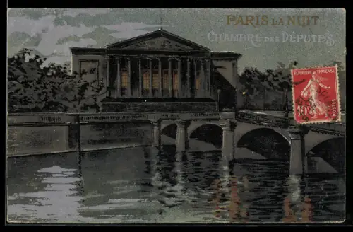AK Paris, Chambre des Députés la nuit avec reflet sur la Seine
