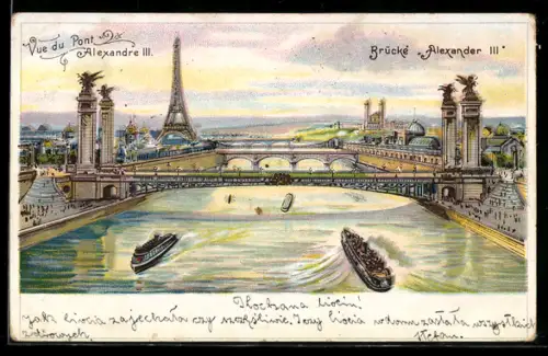 Lithographie Paris, Vue du Pont Alexandre III et de la Tour Eiffel avec bateaux sur la Seine