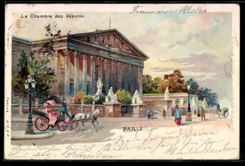 Lithographie Paris, La Chambre des Députés avec calèche et passants