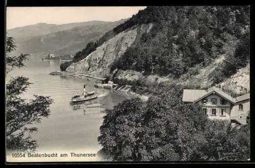 AK Beatenberg, Beatenbucht am Thunersee, Panorama mit Dampfer
