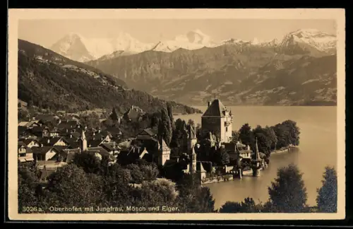AK Oberhofen, Teilansicht mit Jungfrau, Mönch und Eiger
