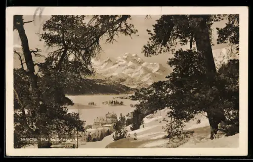AK Sils, Ortsansicht mit Piz la Margna im Schnee