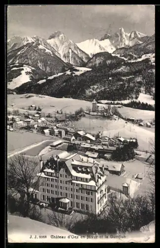 AK Château d`Oex, Panorama et la Gumfluh en hiver
