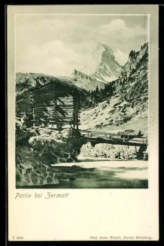 AK Zermatt, Uferpartie mit Brücke