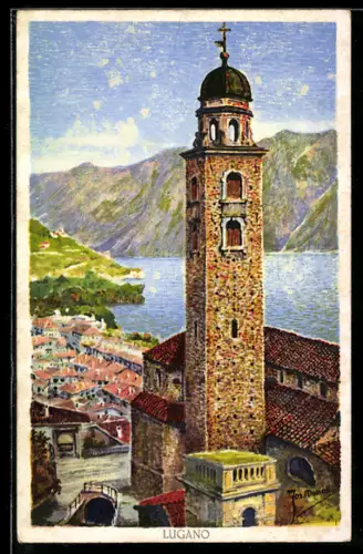 Künstler-AK Lugano, Ortspartie mit Kirchturm