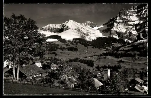 AK Adelboden, Ortspartie mit Bonderspitz, Kl. Lohner und Nünihorn