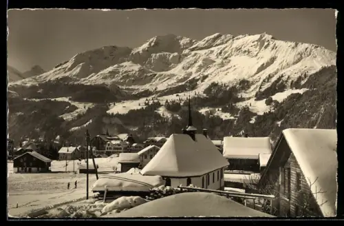 AK Wengen, Englische Kapelle, Schwarzbirg und Weissbirg im Schnee