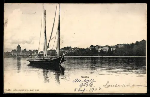 AK Ouchy, Uferpartie mit Segelboot