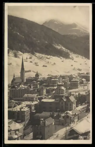 AK Davos, Teilansicht mit Kirche im Schnee