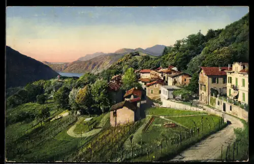 AK Agra, Veduta del paese ed il lago di Lugano, Blick auf das Dorf und den Luganer See