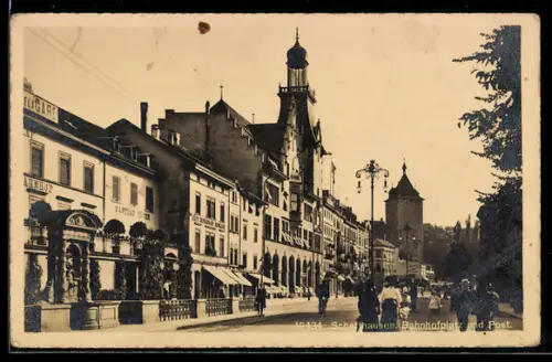 AK Schaffhausen, Bahnhofplatz mit Gasthof Huden und Post