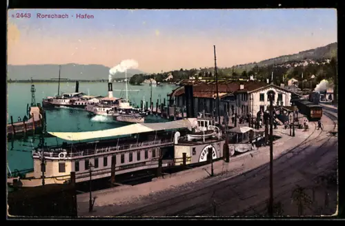 AK Rorschach, Partie am Hafen mit angelegtem Passagierdampfer