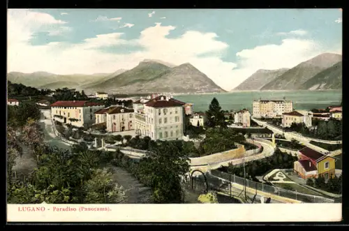 AK Lugano-Paradiso, Panorama mit Strassenpartie