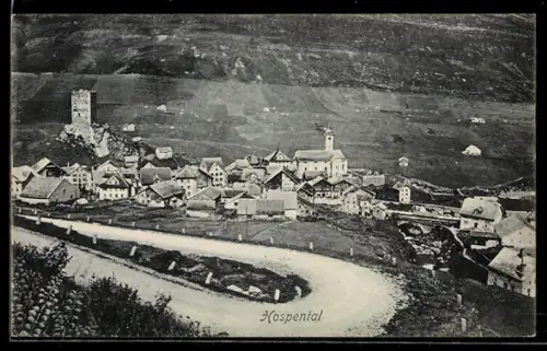 AK Hospental, Teilansicht mit Kirche und Strassenpartie