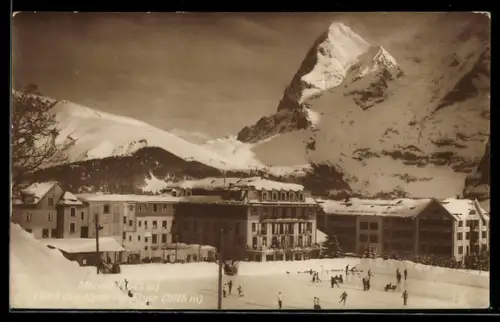AK Mürren, Hotel des Alpes mit Eiger und Eisbahn