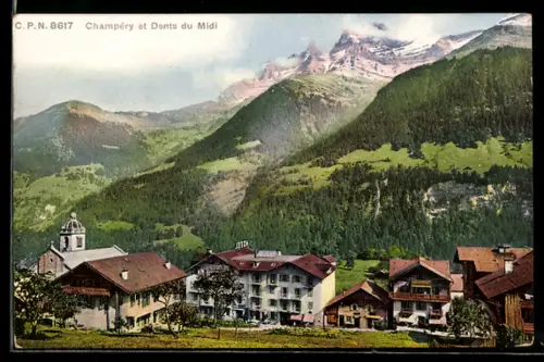 AK Champery, Teilansicht mit Häusern und Dents du Midi