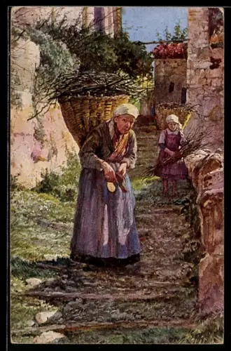 Künstler-AK Alte Frau mit Tragekorb in einer Strasse am Lago di Lugano