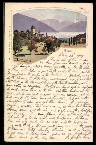 AK Spiez, Ortsansicht mit Seeblick und Bergen
